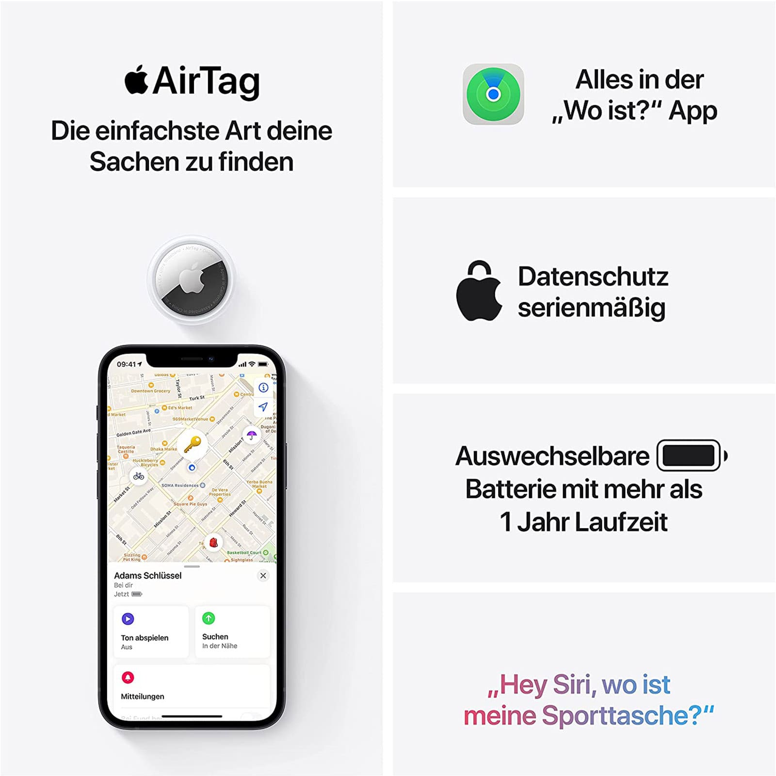 Apple AirTag 4er-Pack (Bluetooth-Tracker, weiss und silber, IP67)