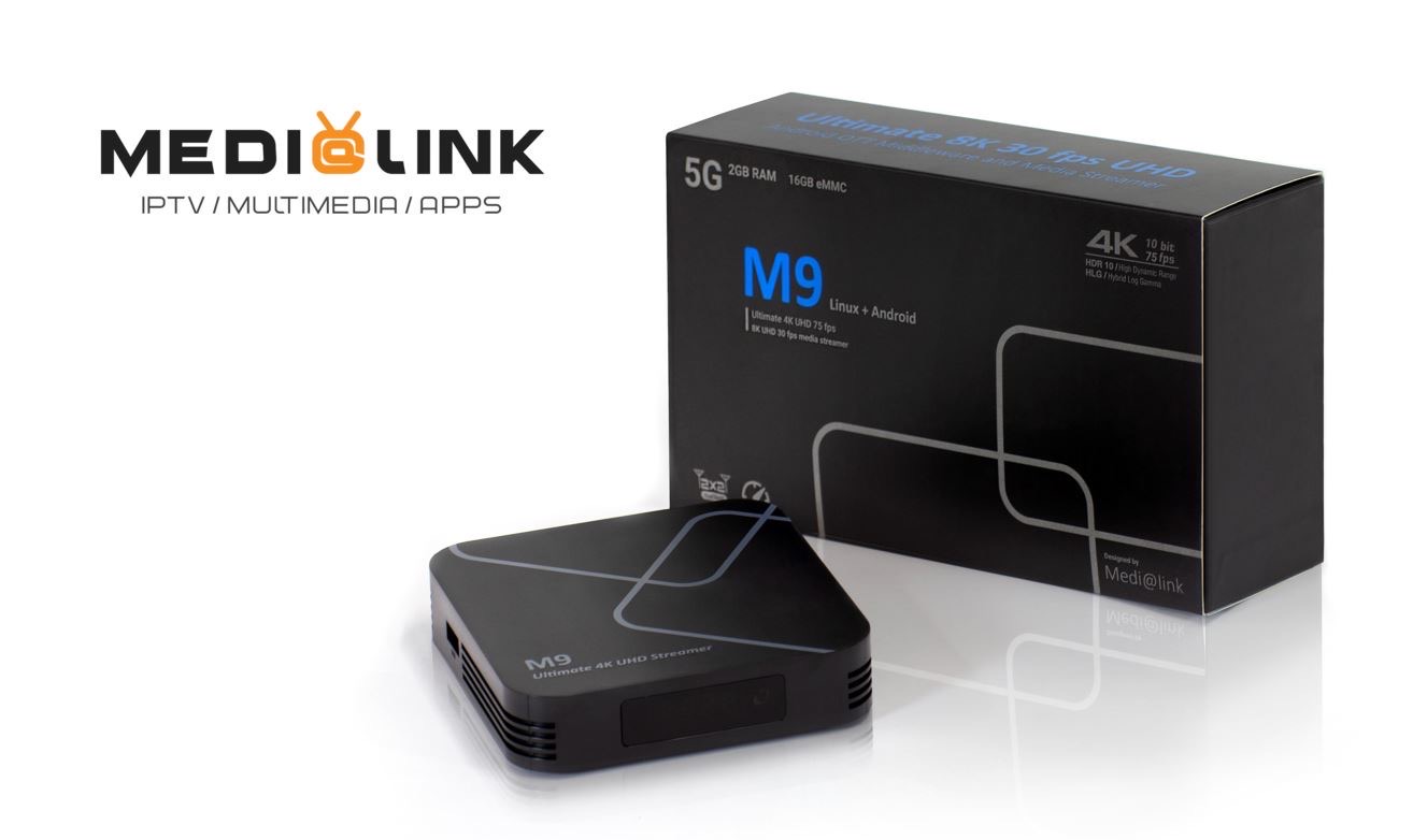 Medialink M9 8K 4K Ultra HD 5G Dual WiFi Bluetooth HDR10 Android 9.0 + Linux Internet TV IP Schwarz