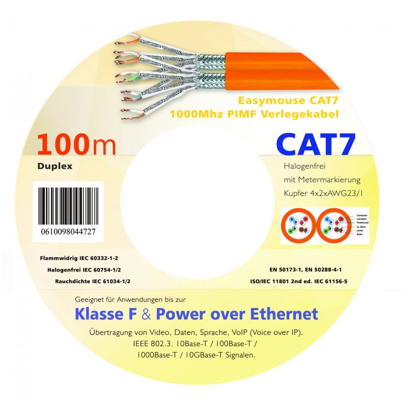 Easymouse CAT7 Gigabit Netzwerk - Verlegekabel S/FTP 1000Mhz PIMF 100m Duplex in Holzspule