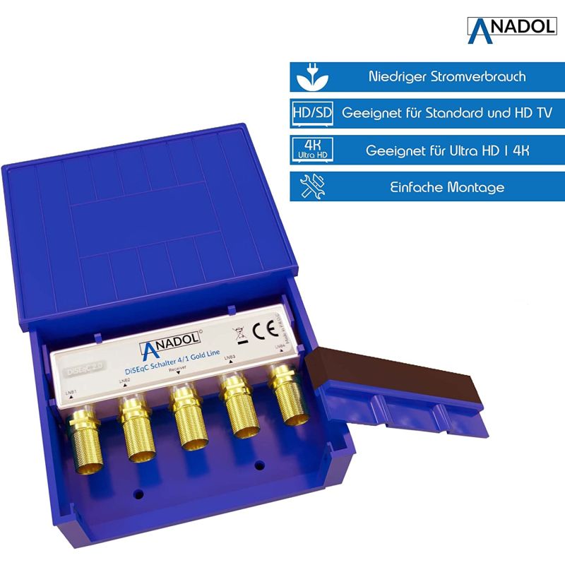 Anadol 4/1 Gold Line DiSEqC Schalter 2.0 mit Wetterschutzgehäuse + 5x F-Stecker + Kabelbinder + Dübel Schrauben