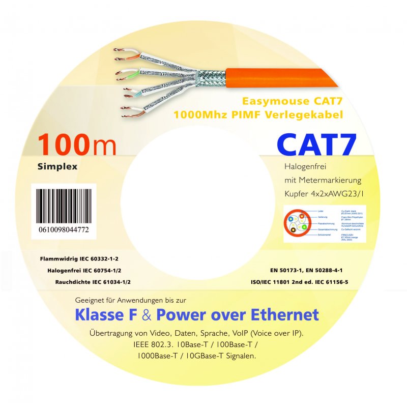 Easymouse CAT7 Gigabit Netzwerk - Verlegekabel S/FTP 1000Mhz PIMF 100m Simplex in Holzspule