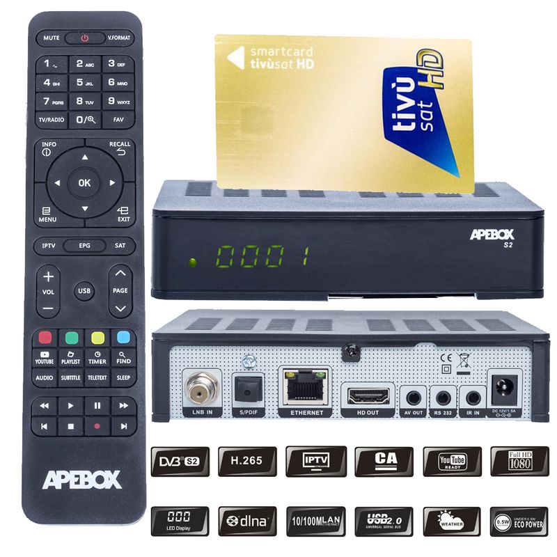 Apebox S2 Full HD 1080p H.265 LAN DVB-S2 Sat TV IP Receiver mit TIVUSAT HD Karte