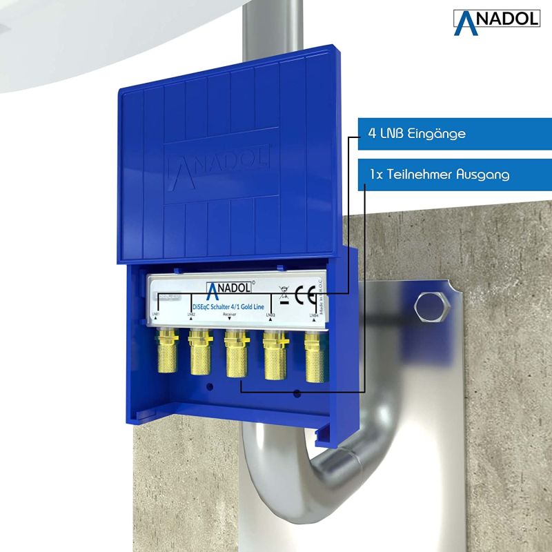 Anadol 4/1 Gold Line DiSEqC Schalter 2.0 mit Wetterschutzgehäuse + 5x F-Stecker + Kabelbinder + Dübel Schrauben