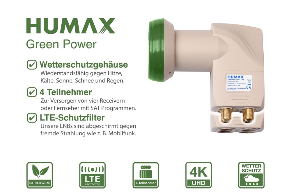 Humax Green Power Quad LNB 343 Sat Quad-LNB 0,1dB nachhaltig 4 Teilnehmer